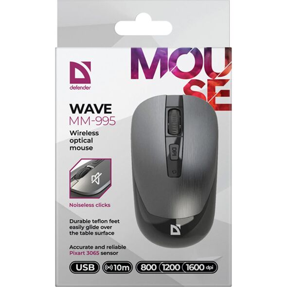 Mysz Defender Mysz bezprzewodowa Defender WAVE MM-995 optyczna bezklikowa silent 1600dpi srebrna