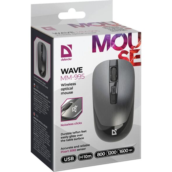 Mysz Defender Mysz bezprzewodowa Defender WAVE MM-995 optyczna bezklikowa silent 1600dpi srebrna