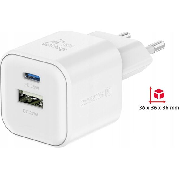 SWISSTEN Adapter sieciowy GaN 35W, 2-portowy, USB-A + USB-C, Smart IC