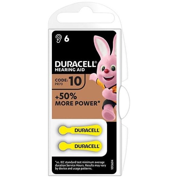 Bateria cynkowo-powietrzna., ZA10, PR70, AC10, DA230, do aparatów słuchowych, Duracell, blistr, 6-pack, 42435