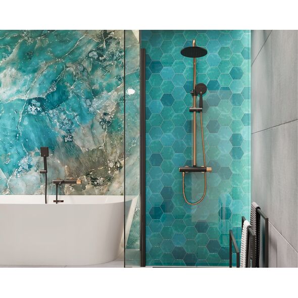 Shower system INVENA MOONLIGHT: rain and hand shower, mixer, black with gold details