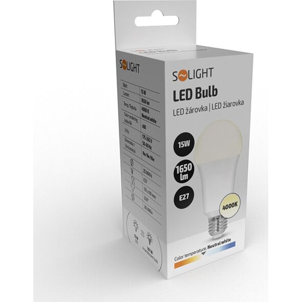 Solight LED žárovka, klasický tvar, 15W, E27, 4000K, 220°, 1650lm