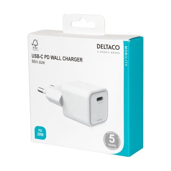 Deltaco USB-C μίνι φορτιστής sieninis įkroviklis DELTACO 1x USB-C, PD 20 W, baltas / USBC-AC150 13432088 7333048057655