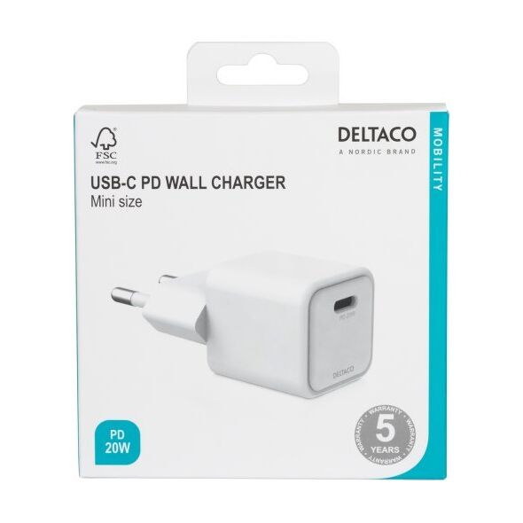 Deltaco USB-C μίνι φορτιστής sieninis įkroviklis DELTACO 1x USB-C, PD 20 W, baltas / USBC-AC150 13432088 7333048057655