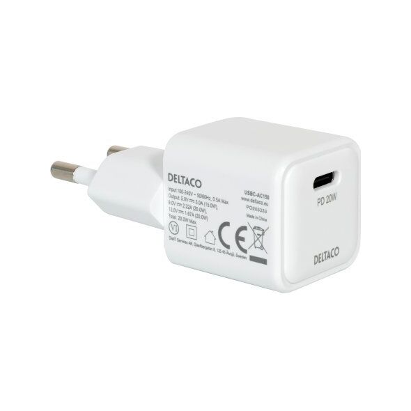 Deltaco USB-C μίνι φορτιστής sieninis įkroviklis DELTACO 1x USB-C, PD 20 W, baltas / USBC-AC150 13432088 7333048057655