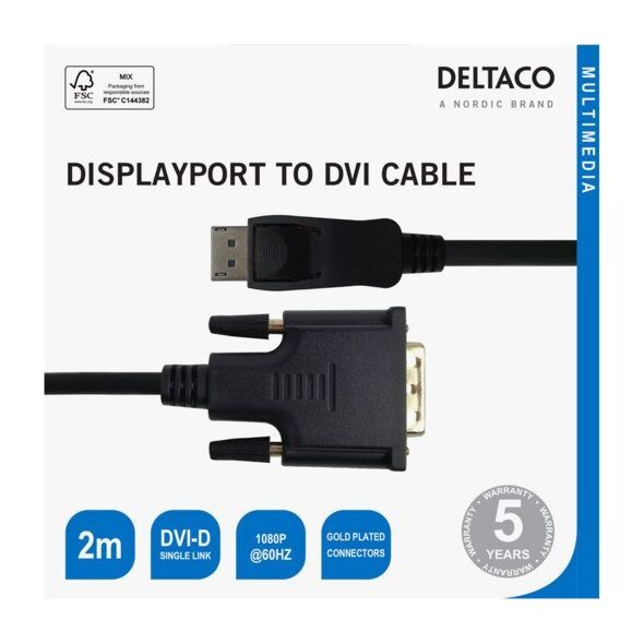 Καλώδιο Deltaco Monitoriaus DELTACO DisplayPort į DVI-D Single Link, Full HD σε 60Hz, 2m, juodas / DP-2020-K / 00110009 13783171 7333048051301