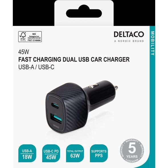 Deltaco USB φορτιστής automobilinis kroviklis DELTACO 1x USB-A 18 W, 1x USB-C PD 45 W, viso 63 W / USBC-CAR123 13413311 7333048053916