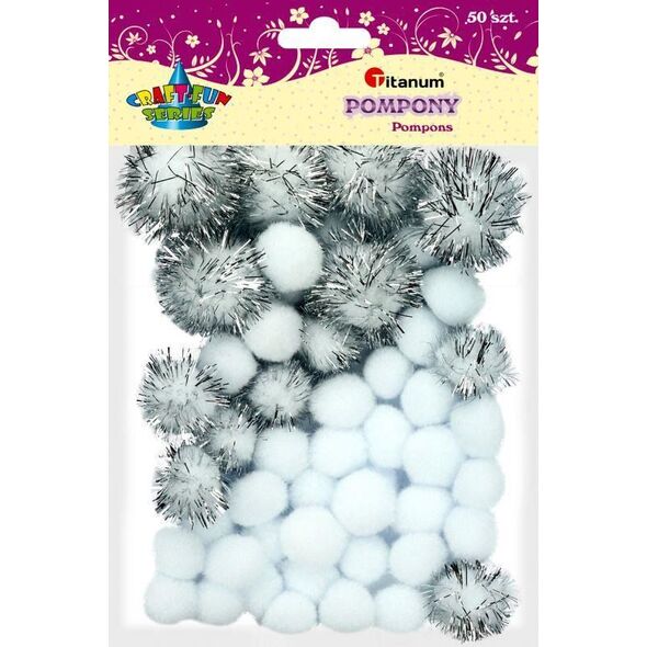 Titanum Pompony brokatowe białe mix 50szt CRAFT-FUN