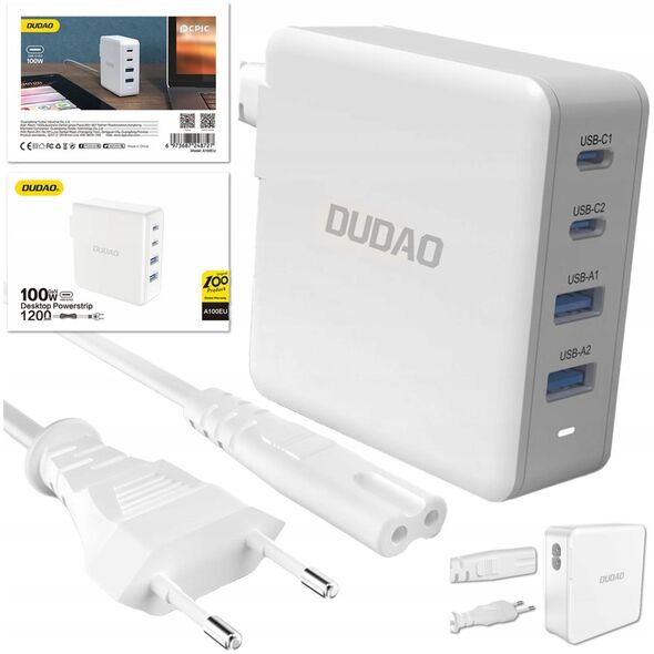 Ładowarka Dudao Szybka ładowarka sieciowa GaN 100W 2 x USB-C / 2 x USB Dudao A100EU - biała
