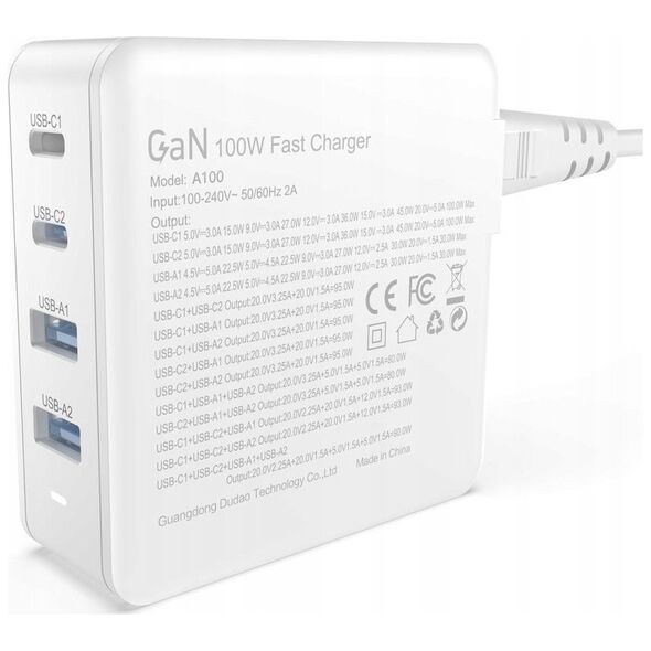Ładowarka Dudao Szybka ładowarka sieciowa GaN 100W 2 x USB-C / 2 x USB Dudao A100EU - biała