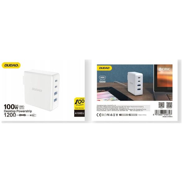 Ładowarka Dudao Szybka ładowarka sieciowa GaN 100W 2 x USB-C / 2 x USB Dudao A100EU - biała