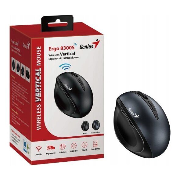 Mysz Genius GENIUS myš Ergo 8300S Iron Grey/ vertikální/ 1600 dpi/ bezdrátová/ 7tlačítek/ tichá/ kovově šedá