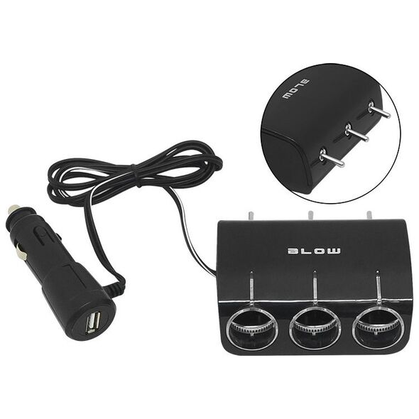 Blow Rozgałęzienie zapalniczki samochodowej 3x gniazko + USB (CS-34)