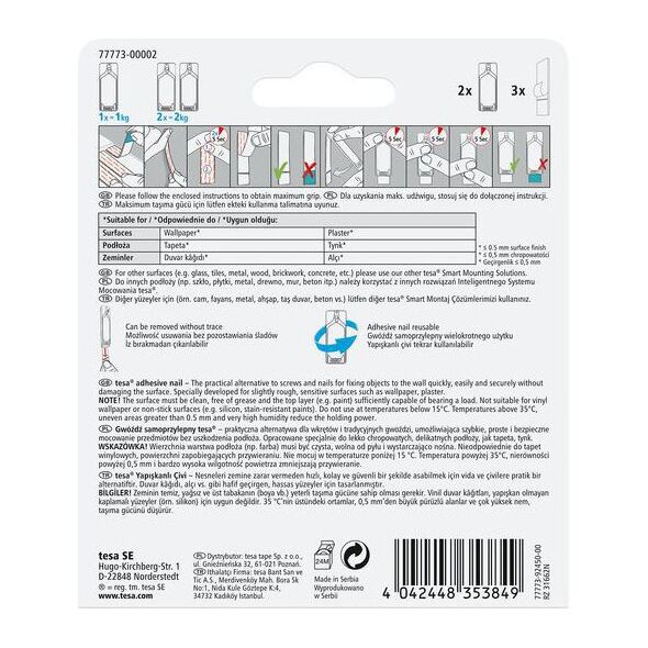Tesa Gwoździe samoprzylepne do tapet i tynku do 1kg 2szt. (H7777302)