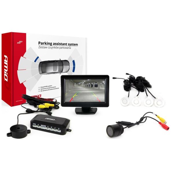 AMiO Zestaw czujników parkowania tft 4,3  z kamerą hd-301-ir 4 sensory białe