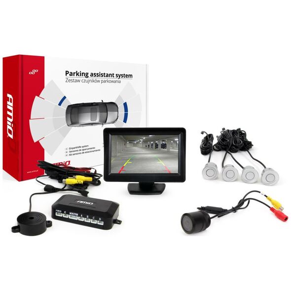 AMiO Zestaw czujników parkowania tft 4,3  z kamerą hd-301-ir 4 sensory srebrne