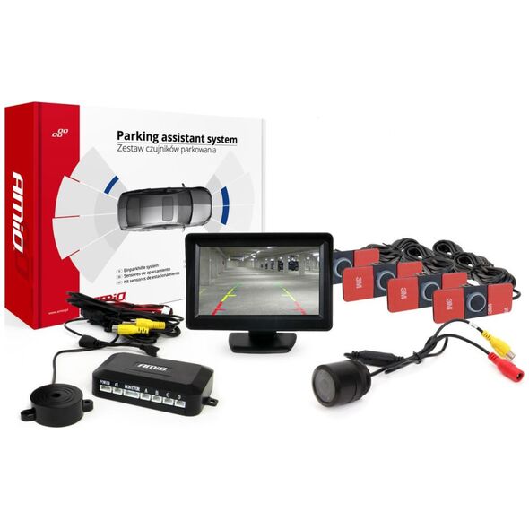 AMiO Zestaw czujników parkowania tft 4,3  z kamerą hd-307-ir 4 sensory białe