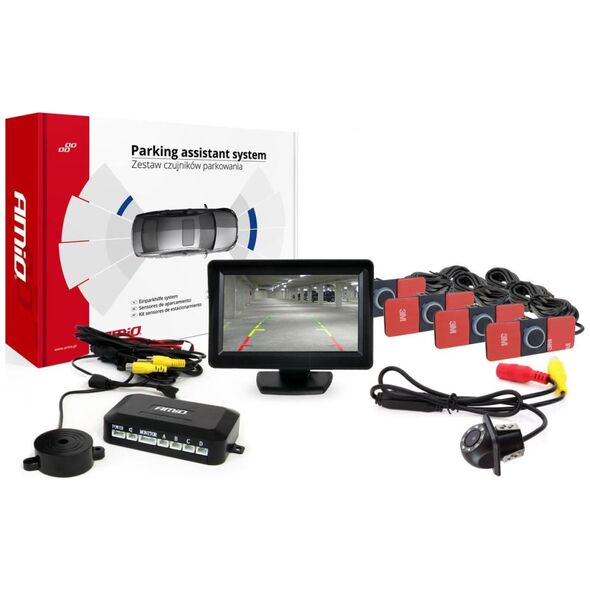 AMiO Zestaw czujników parkowania tft 4,3" z kamerą hd-305 led 4 sensory czarne wewnętrzne