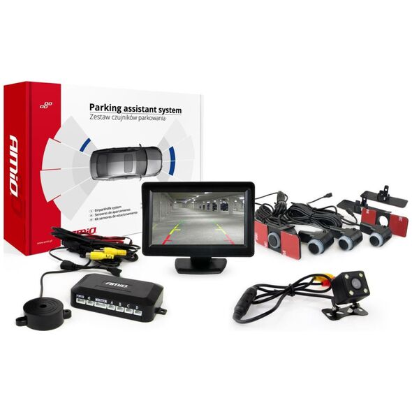 AMiO Zestaw czujników parkowania tft 4,3" z kamerą hd-315-led 4 sensory czarne wewnętrzne