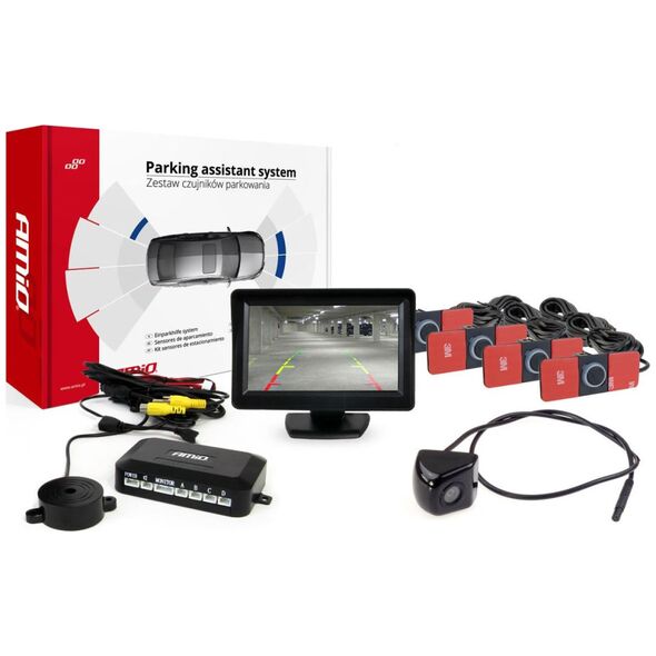 AMiO Zestaw czujników parkowania tft 4,3" z kamerą hd-310 4 sensory czarne wewnętrzne