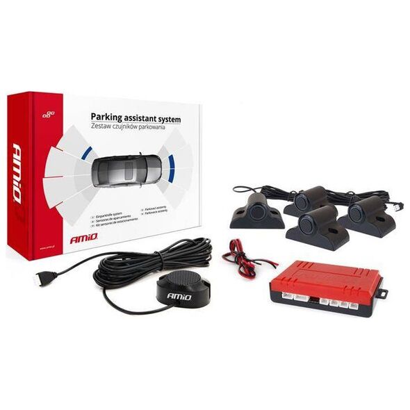AMiO Zestaw czujników parkowania cofania Buzzer 4 sensory czarne TRUCK 19mm