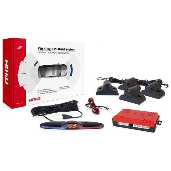AMiO Zestaw czujników parkowania cofania MAX LED 4 sensory czarne 19mm TRUCK