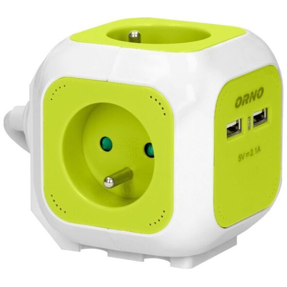 Orno Przedłużacz Kostka 4-krotny z ładowarką 2xUSB 1,4m limonkowy
