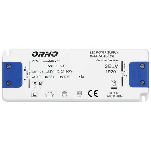 Zasilacz serwerowy Orno Zasilacz płaski do LED 12VDC 30W, IP20, wysokość 18mm