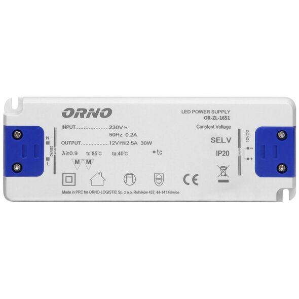 Zasilacz serwerowy Orno Zasilacz płaski do LED 12VDC 30W, IP20, wysokość 18mm