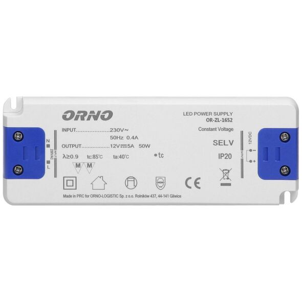 Zasilacz serwerowy Orno Zasilacz płaski do LED 12VDC 50W, IP20 wysokość 18mm