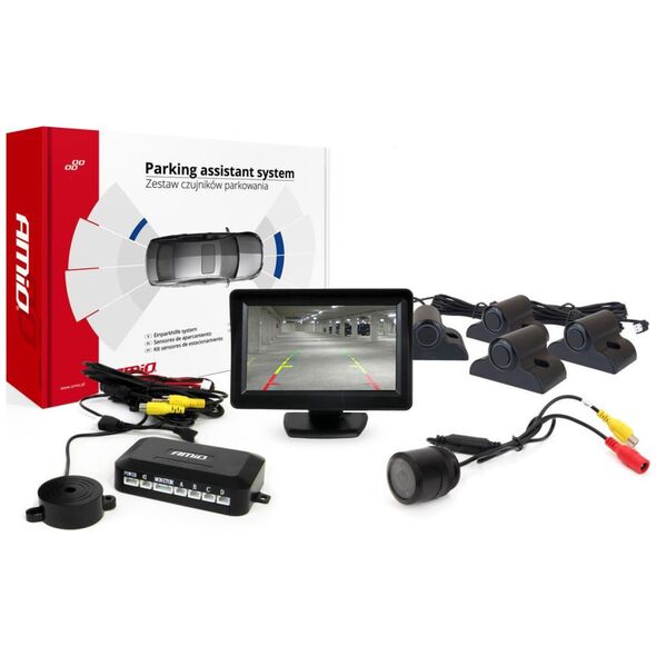 AMiO Zestaw czujników parkowania tft01 4,3" z kamerą hd-301-ir 4 sensory czarne truck