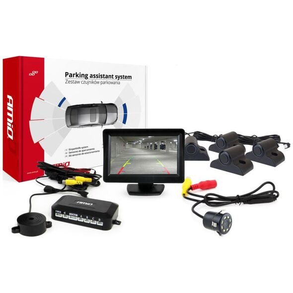 AMiO Zestaw czujników parkowania tft01 4,3" z kamerą hd-308-led 4 sensory czarne truck