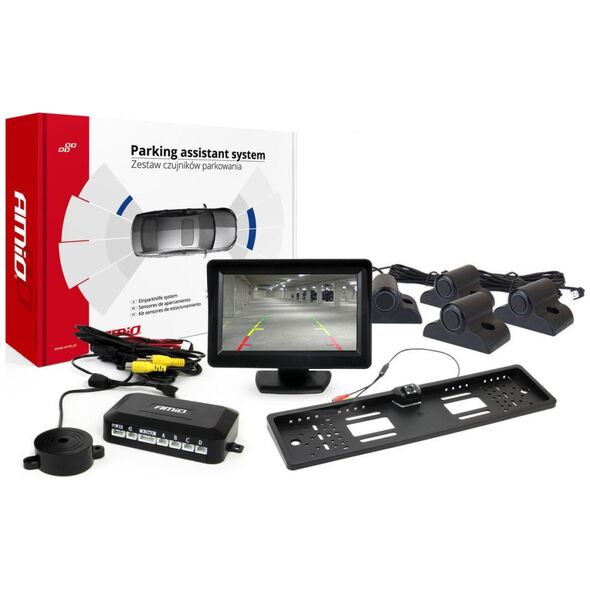 AMiO Zestaw czujników parkowania tft01 4,3" z kamerą hd-402-led 4 sensory czarne truck