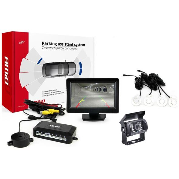 AMiO Zestaw czujników parkowania tft01 4,3" z kamerą hd-501-ir 4 sensory białe