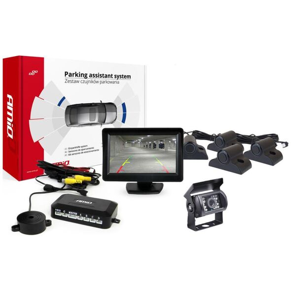 AMiO Zestaw czujników parkowania tft01 4,3" z kamerą hd-501-ir 4 sensory czarne truck