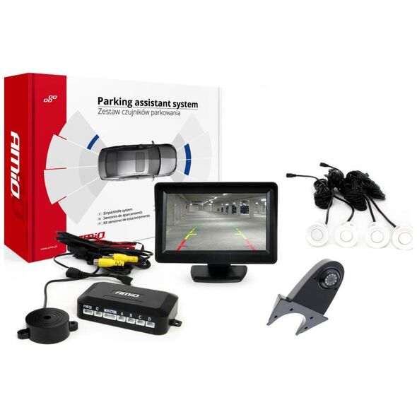 AMiO Zestaw czujników parkowania tft01 4,3" z kamerą hd-502-ir 4 sensory białe