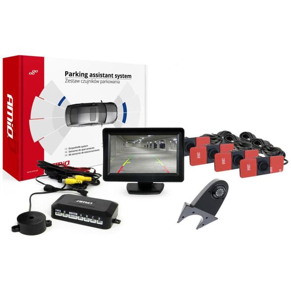 AMiO Zestaw czujników parkowania tft01 4,3" z kamerą hd-502-ir 4 sensory czarne wewnętrzne