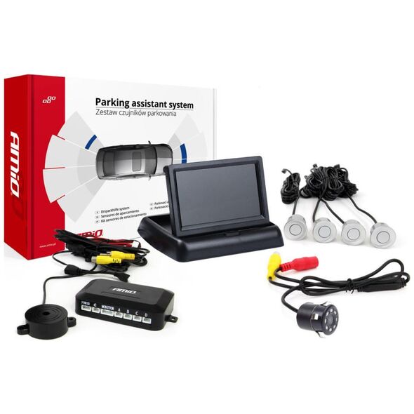 AMiO Zestaw czujników parkowania tft02 4,3" z kamerą hd-308-led 4 sensory srebrne