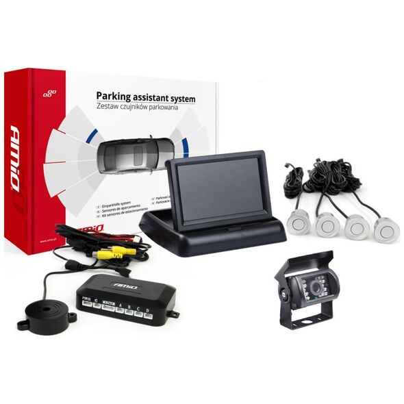 AMiO Zestaw czujników parkowania tft02 4,3" z kamerą hd-501-ir 4 sensory srebrne