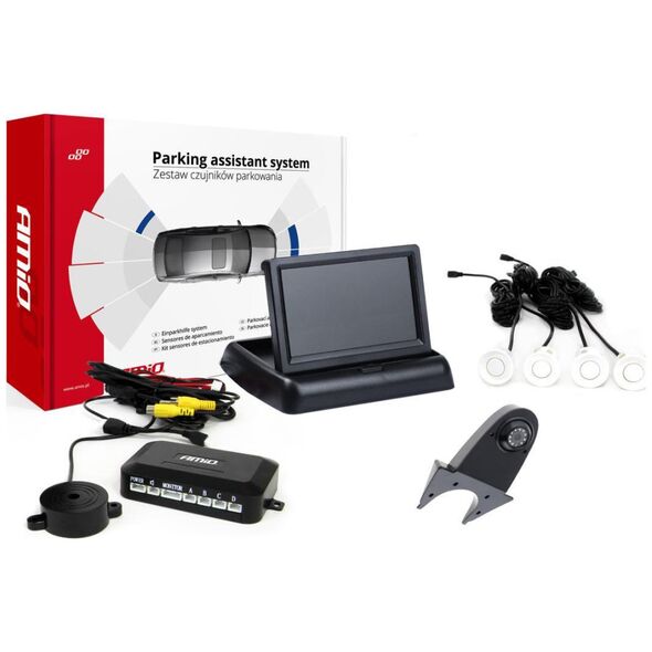 AMiO Zestaw czujników parkowania tft02 4,3" z kamerą hd-502-ir 4 sensory białe
