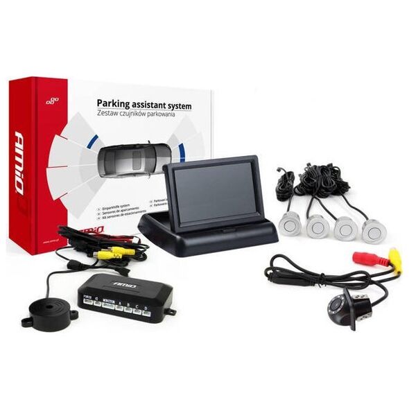 AMiO Zestaw czujników parkowania tft02 4,3" z kamerą hd-305-led 4 sensory srebrne