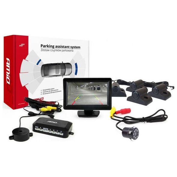 AMiO Zestaw czujników parkowania tft01 4,3" z kamerą hd-307-ir 4 sensory czarne truck