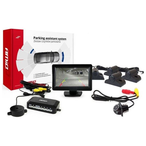AMiO Zestaw czujników parkowania tft01 4,3" z kamerą hd-305-led 4 sensory czarne truck