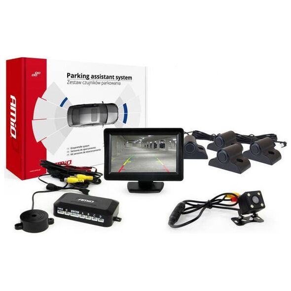 AMiO Zestaw czujników parkowania tft01 4,3" z kamerą hd-315-led 4 sensory czarne truck