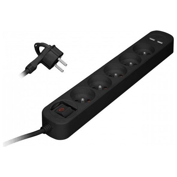 Orno Listwa przeciwprzepięciowa, 5 gniazd 2P+Z, kabel 1,5m, z wyłącznikiem podświetlanym dwutorowym. 10A/230 VAC, Ładowarka 2xUSB 2,1A. Płaska wtyczka