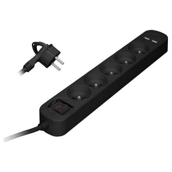 Orno Listwa przeciwprzepięciowa, 5 gniazd 2P+Z, kabel 1,5m, z wyłącznikiem podświetlanym dwutorowym. 10A/230 VAC, Ładowarka 2xUSB 2,1A. Płaska wtyczka