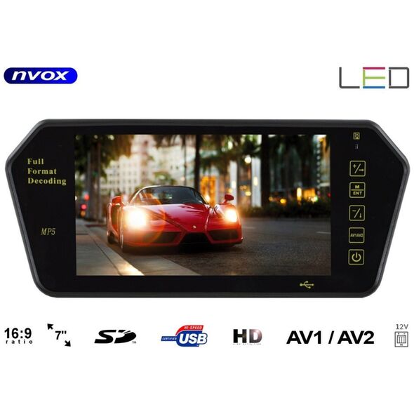Nvox Monitor samochodowy cofania LCD 7cali cali w lusterku wstecznym USB SD AV 12V... (NVOX NW701MP5)