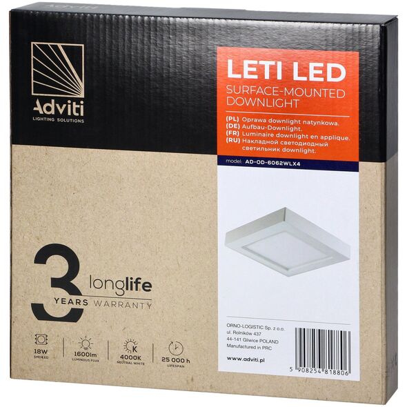 Lampa sufitowa Orno LETI LED 18W, oprawa downlight, natynkowa, kwadratowa, 1600lm, 4000K, biała, wbudowany zasilacz LED