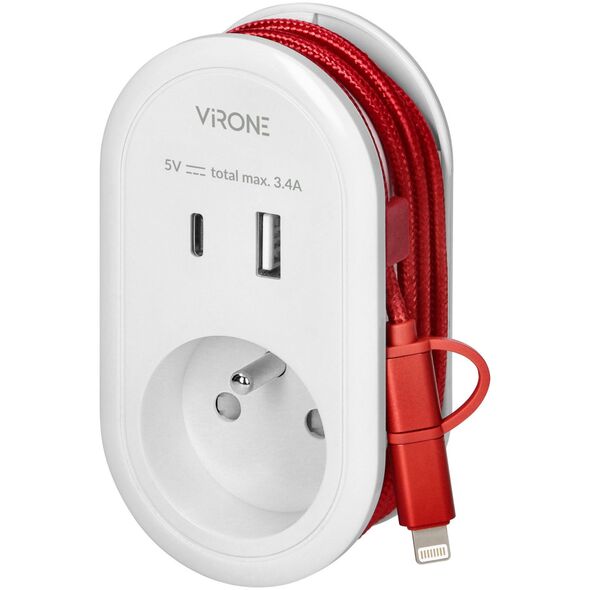 Adapter USB Orno Adapter z ładowarką USB i kablem ładującym (typ C + Lightning), 1x2P+Z, 2xUSB (Typ A+C), max 3,4A