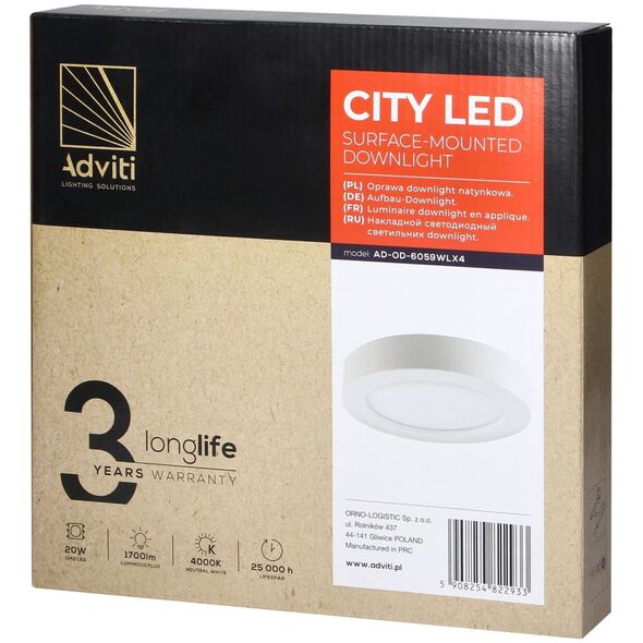 Lampa sufitowa Orno CITY LED 20W, oprawa downlight, natynkowa, okrągła, 1700lm, 4000K, biała, wbudowany zasilacz LED
